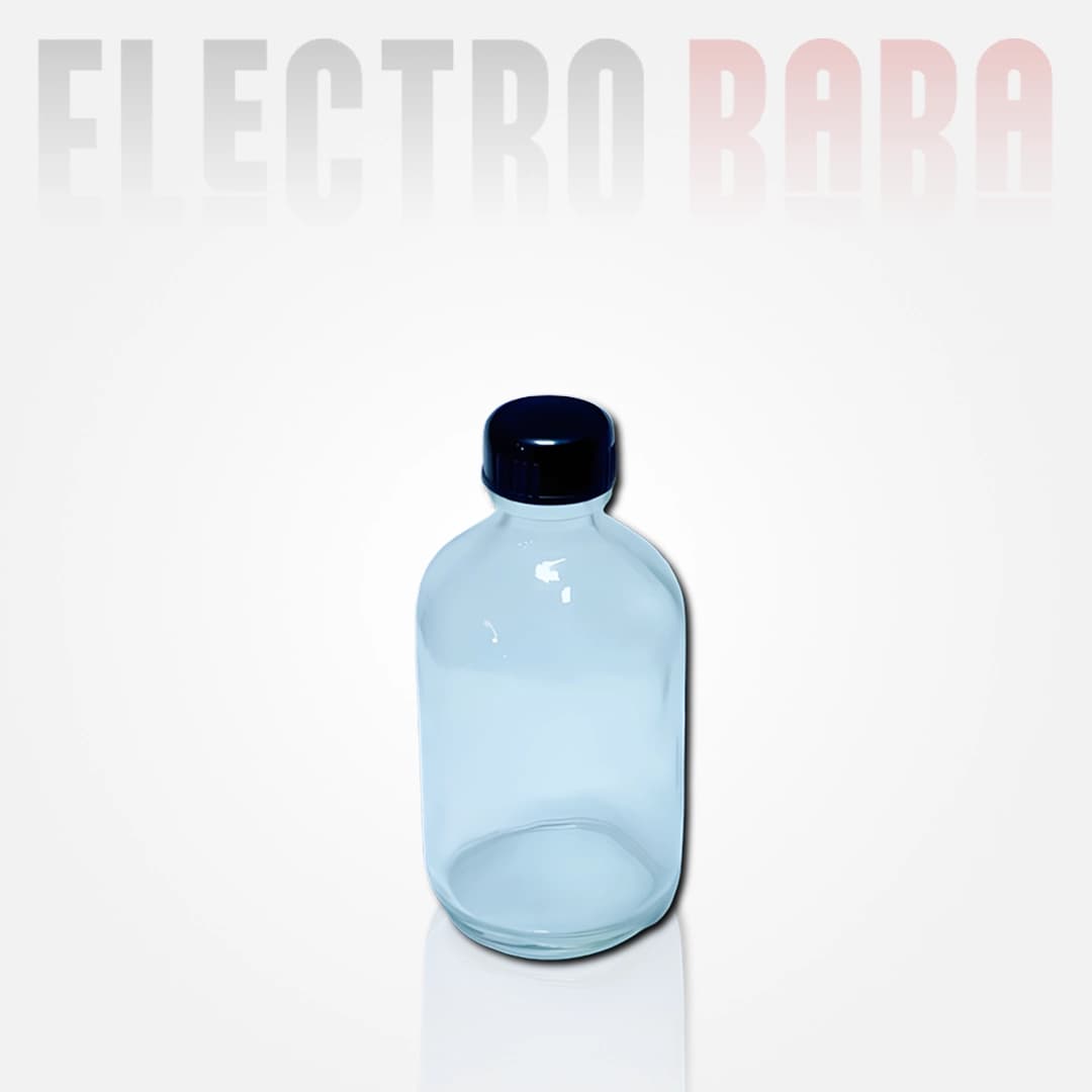Flacon en verre Rond Transparent 100ml. Bouchon noir à vis