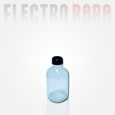 Flacon en verre Rond Transparent 60ml. Bouchon noir à vis